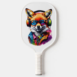 Ein Fuchs in Kopfhörern und Brillen Pickleball Schläger