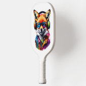 Ein Fuchs in Kopfhörern und Brillen Pickleball Schläger (Links)