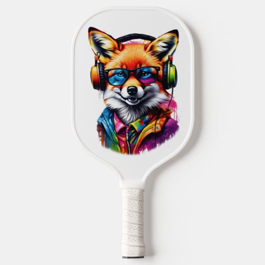 Ein Fuchs in Kopfhörern und Brillen Pickleball Schläger (Vorderseite)