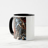 Ein futuristischer Cyborg in einer brennenden Welt Tasse (Vorderseite Links)