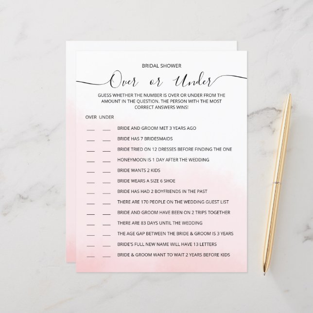 Ein GAME Blatt Papier für ein Brautparty. (Vorderseite/Rückseite Beispiel)