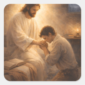 Ein Gebet auf Knien mit Jesus Quadratischer Aufkleber