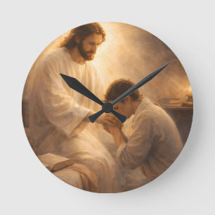 Ein Gebet auf Knien mit Jesus Runde Wanduhr