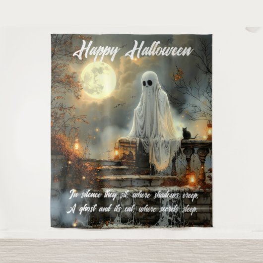 Ein Geist und sein KatzenHalloween Wandteppich (Vorderseite)