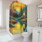 ein Gemälde einer Hütte an einem See bei Sonnenunt Duschvorhang (Beispiel)