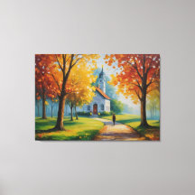 ein Gemälde einer Kirche und eines Gebäude