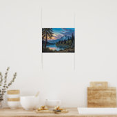 Ein Gemälde eines Bergsees und Bäumen am Abend Poster (Küche)