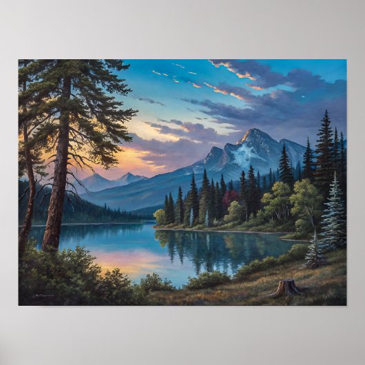 Ein Gemälde eines Bergsees und Bäumen am Abend Poster (Vorne)