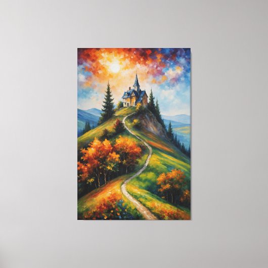 ein Gemälde eines Hauses auf einem Hügel mit Bäume Leinwanddruck (Vorderseite)