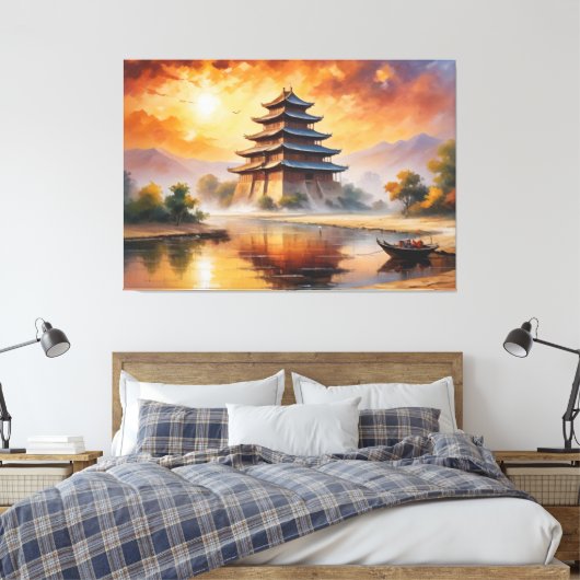 ein Gemälde eines Pagode-Gebäude Leinwanddruck (Insitu (Schlafzimmer))