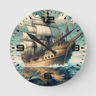 Ein Gemälde eines Schiffes mit den Segeln ab 56350 Runde Wanduhr