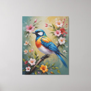 ein Gemälde eines Vogels auf einem Ast mit Blume Leinwanddruck