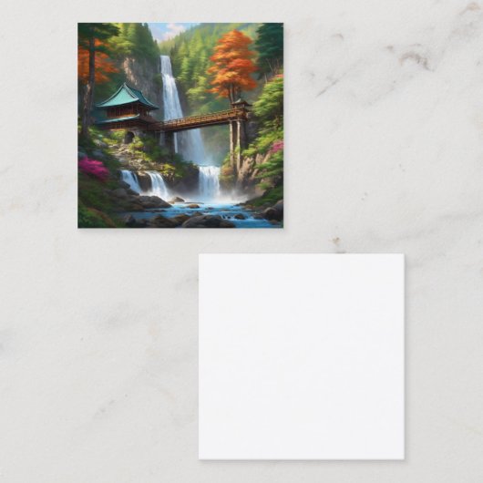 Ein Gemälde eines Wasserfalls inmitten eines Walde Quadratische Visitenkarte (Vorne/Hinten)