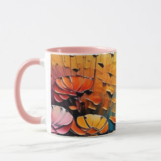 Ein Gemälde von Blume, Sonnenuntergang im Hintergr Tasse