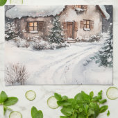 Ein gemütliches Cottage im Winter Geschirrtuch (Gefaltet)