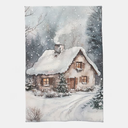 Ein gemütliches Cottage im Winter Geschirrtuch (Vertikal)
