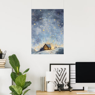 Ein gemütliches, glühendes Haus unter einem Sterne Poster