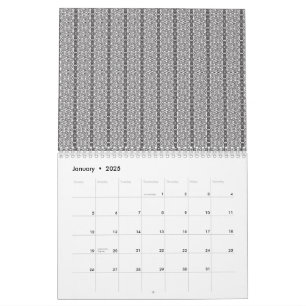 Ein geometrisches, weißes und graues Muster füllt Kalender