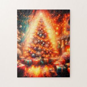 Ein geschmückter Weihnachtsbaum steht am Fenster Puzzle