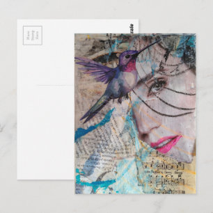 Ein Gesicht und Kolibri Abstract Mixed Media Colla Postkarte