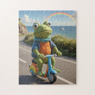 Ein gestricktes Fröschchen fährt Roller Puzzle