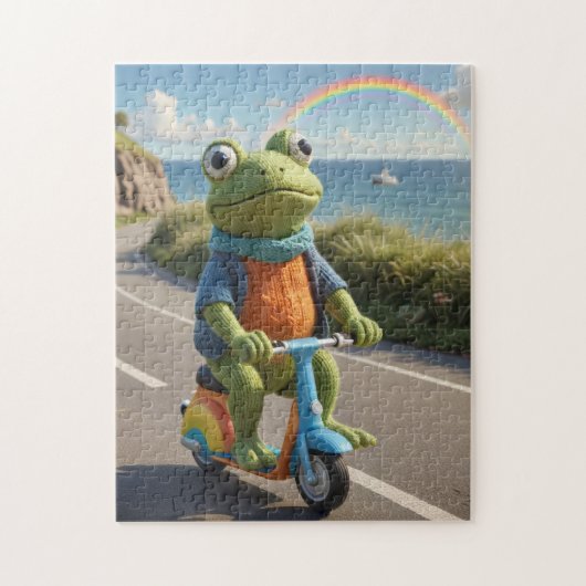 Ein gestricktes Fröschchen fährt Roller Puzzle (Vertikal)