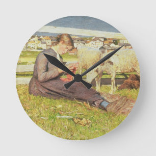 Ein Girl Knitting, 1888 (Öl auf Leinwand) Runde Wanduhr