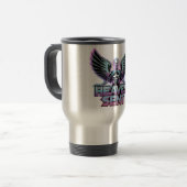 Ein glänzender, metallischer Engel mit Flügeln, Y2 Reisebecher (Vorderseite Links)