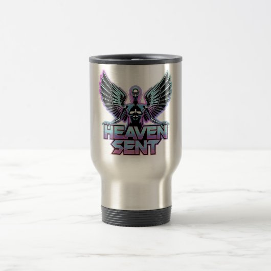 Ein glänzender, metallischer Engel mit Flügeln, Y2 Reisebecher (Mittel)