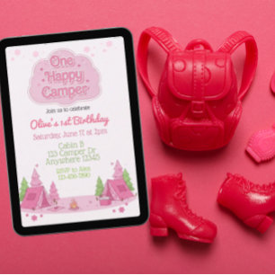 Ein glücklicher Camper Pink 1. Geburtstag Einladung