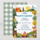 Ein glücklicher Camper, Tiere 1. Geburtstag Einladung (Vorne/Hinten)