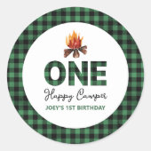 Ein glücklicher Camper wird Eins Runder Aufkleber (Vorderseite)