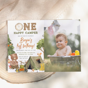 Ein glücklicher Camper Wood Bear Foto Jungen 1. Ge Einladung