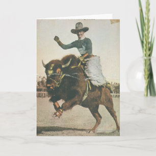 Ein glücklicher Cowboy auf einem bockenden Büffel. Karte