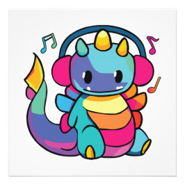 Ein glücklicher Drache mit Kopfhörern, der Musik h Fotodruck