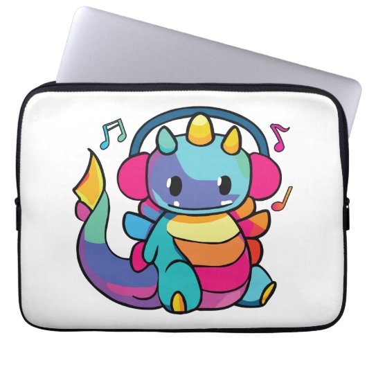 Ein glücklicher Drache mit Kopfhörern, der Musik h Laptopschutzhülle (Vorderseite)