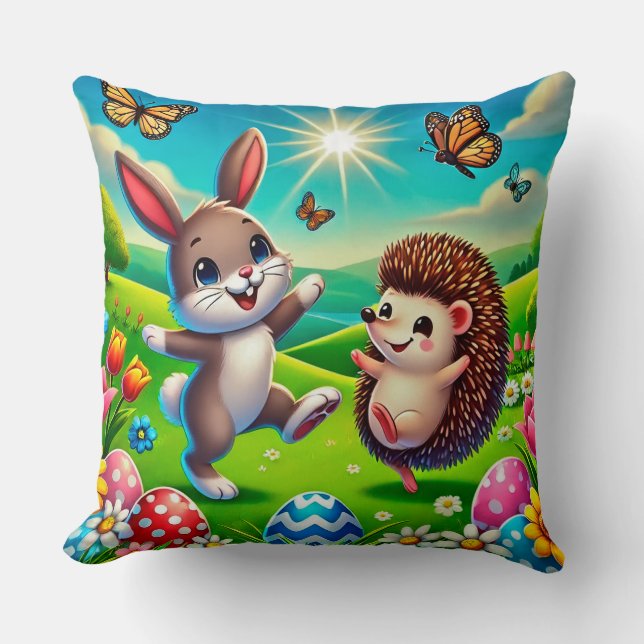 Ein glücklicher Hase und Igel Kissen (Vorderseite)