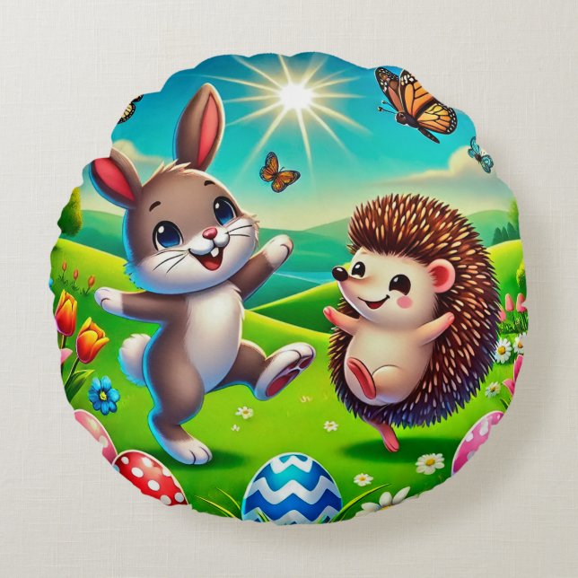 Ein glücklicher Hase und Igel Rundes Kissen (Vorderseite)
