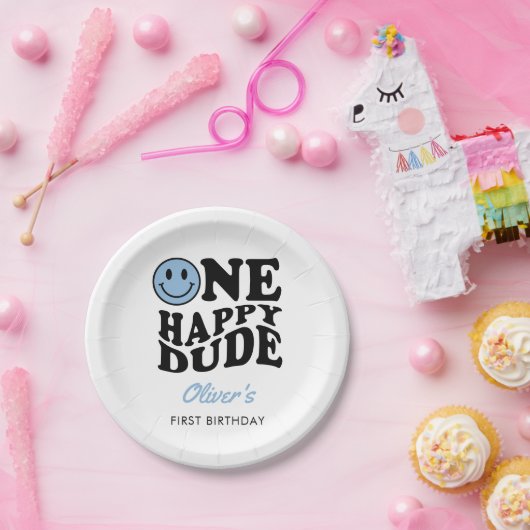 Ein glücklicher Typ Blue Retro Happy Face 1. Gebur Pappteller (Party)