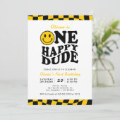 Ein glücklicher Typ Gelb Lächeln Gesicht 1. Geburt Einladung (Stehend Vorderseite)