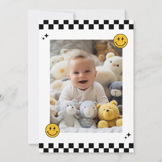 EIN GLÜCKLICHER TYP Lächeln Gesicht ersten Geburts Einladung (Rückseite)