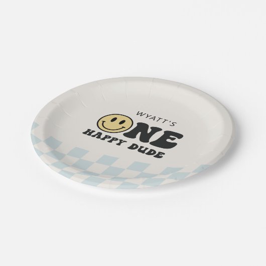 Ein glücklicher Typ lächelt Gesicht ersten Geburts Pappteller (Schrägansicht)