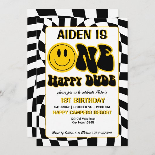 Ein glücklicher Typ Retro-Schachbretter 1. Geburts Einladung (Vorne/Hinten)