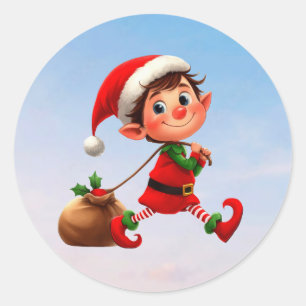 Ein glücklicher Weihnachtself, der eine Tüte Spiel Runder Aufkleber
