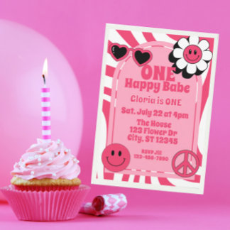 Ein glückliches Baby, rosa 1. Geburtstag Einladung
