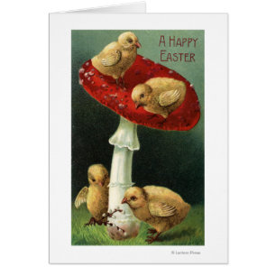 Ein glückliches EasterChicks auf rotem Pilz