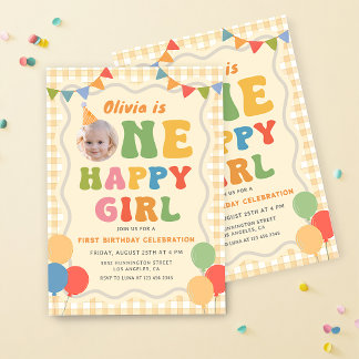 Ein glückliches Mädchen Geburtstag Farbige 1. Gebu Einladung