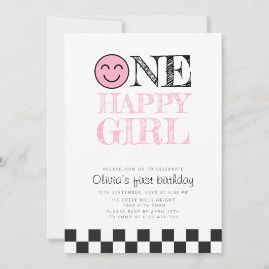 Ein glückliches Mädchen glücklich Gesicht pink Einladung (Vorderseite)