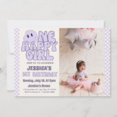 Ein glückliches Mädchen Retro 1. Geburtstag Einladung (Vorderseite)