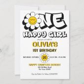 Ein glückliches Mädchen Retrodaisy 1. Geburtstag P Einladung (Vorderseite)